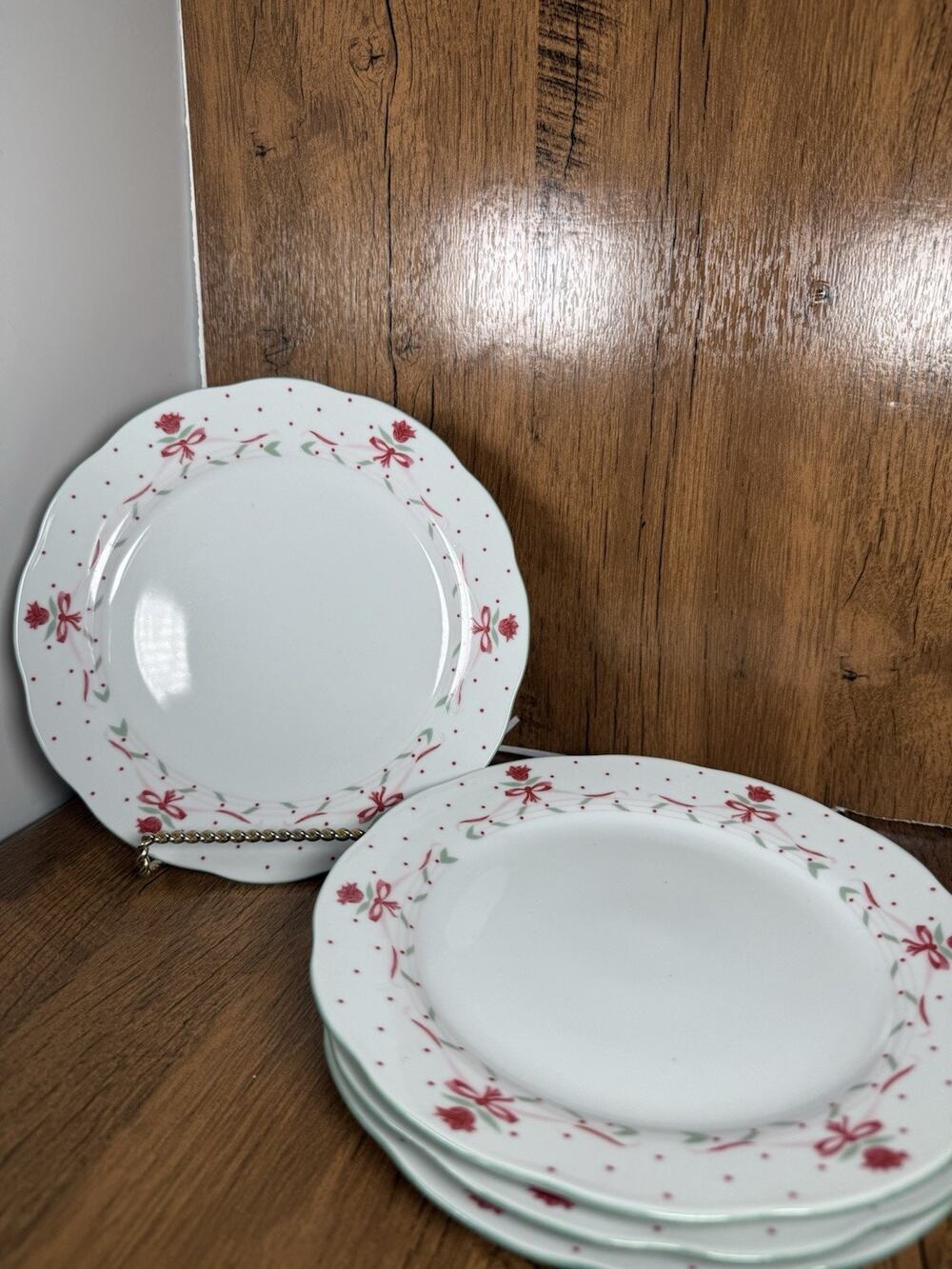 Set of 4 Vintage Pink Rose Ribbon Salad Plates Cottagecore China